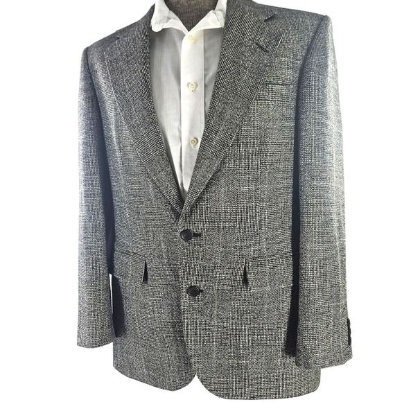 Vtg 90s Haggar Black White Blue Plaid Wool Tweed Sports Coat Blazer Med ~40R USA